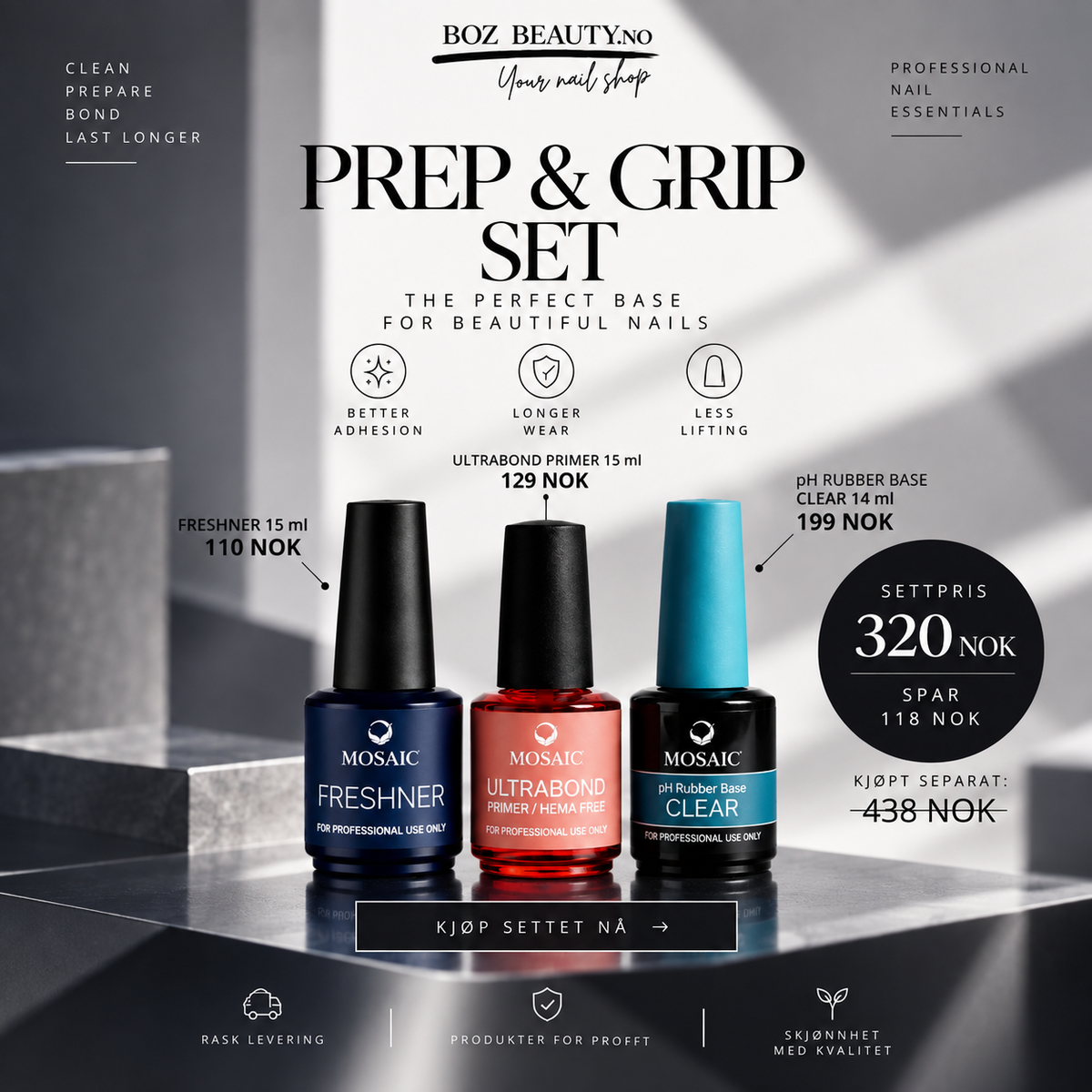 PREP & GRIP SET
Et komplett 3-trinns system for forberedelse, bedre heft og langvarig resultat.