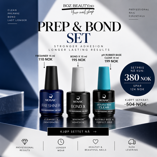 PREP & BOND SET
Komplett sett for optimal forberedelse og bedre heft mellom naturneglen og gelproduktet.